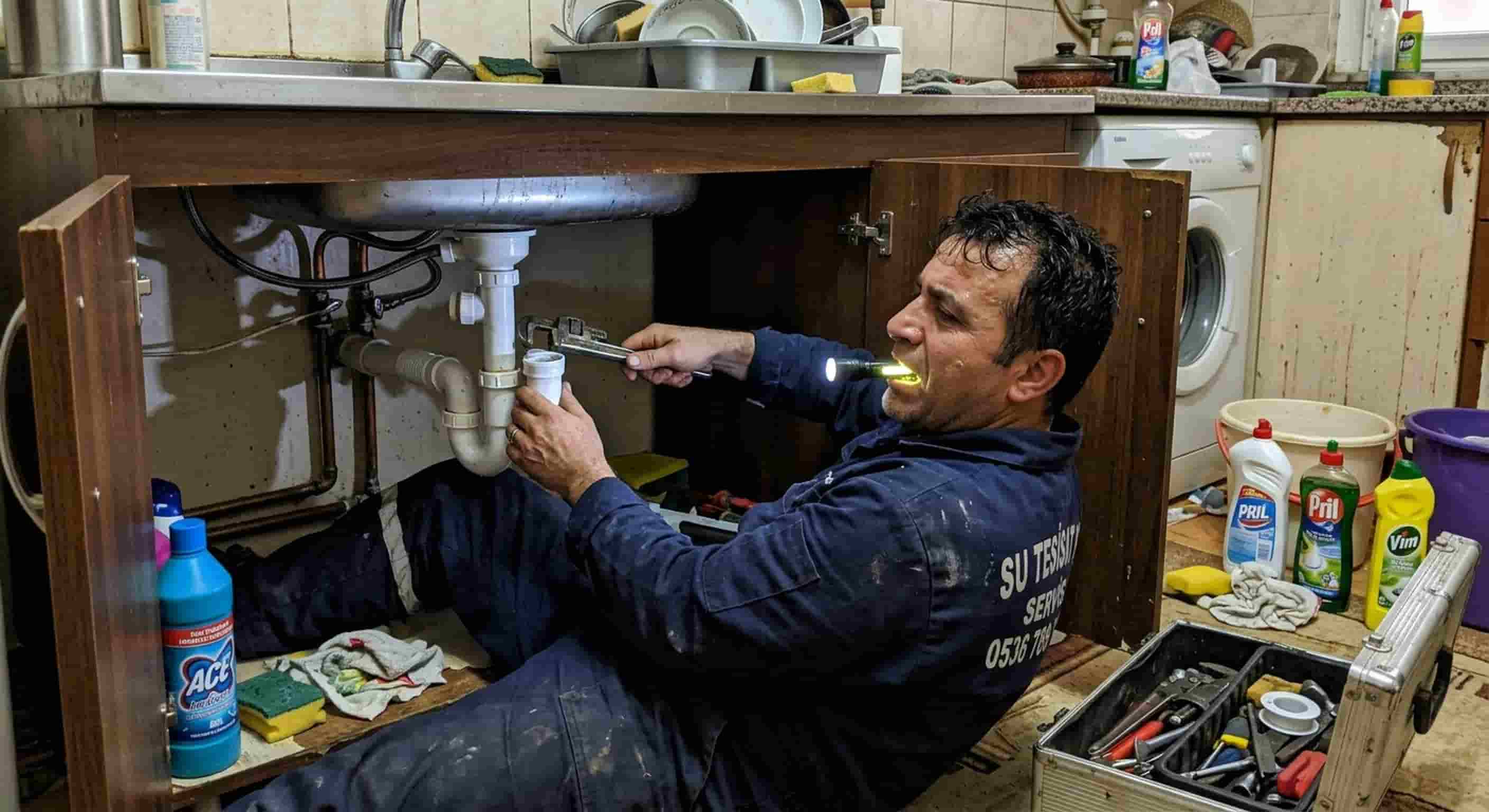 Lavabo altında sifon tamiri yapan tesisatçı